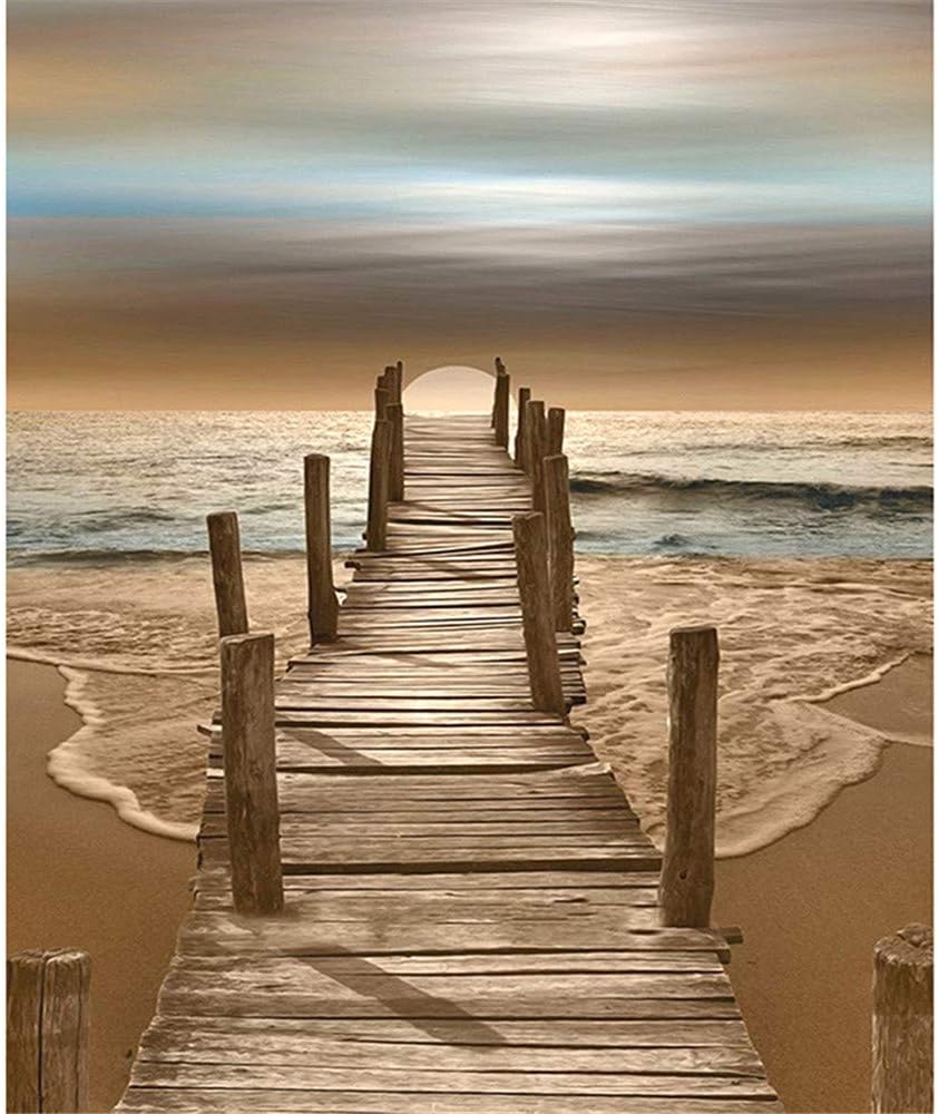 MOJIUDiy Oil Painting By Numbers Kit Theme PBN Kit For Adults Girls Kids White Christmas Decor Decorations Gifts - Beach Wooden Bridge(Without Frame)