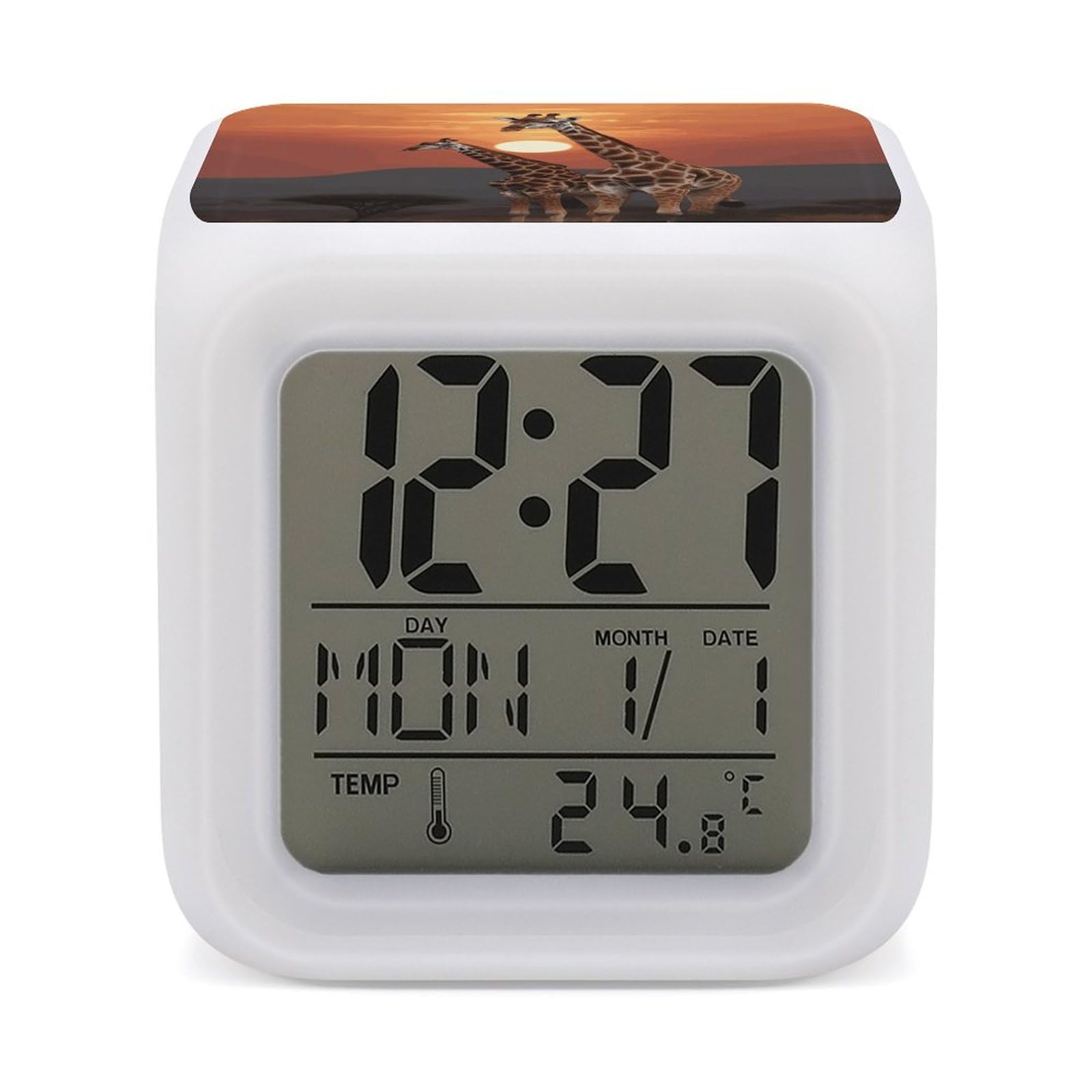 JTREHY 7 Color Changing LED Digital Alarm Clock,Giraffe at Sunset Printed Wake-up Clock with Temperature Display Home Decoration Alarm Clock for Bedroom Office