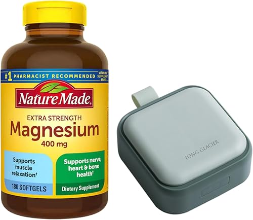 Nature Made Magnesio 400 mg Extra Strength 180 cápsulas blandas paquete con píldora larga glaciar, pequeño recipiente de píldoras lindo para