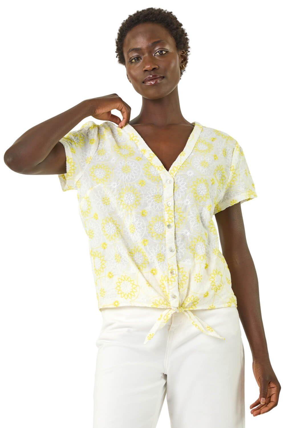Roman Women's Yellow Cotton Broidery Tie Front Blouse Size 12