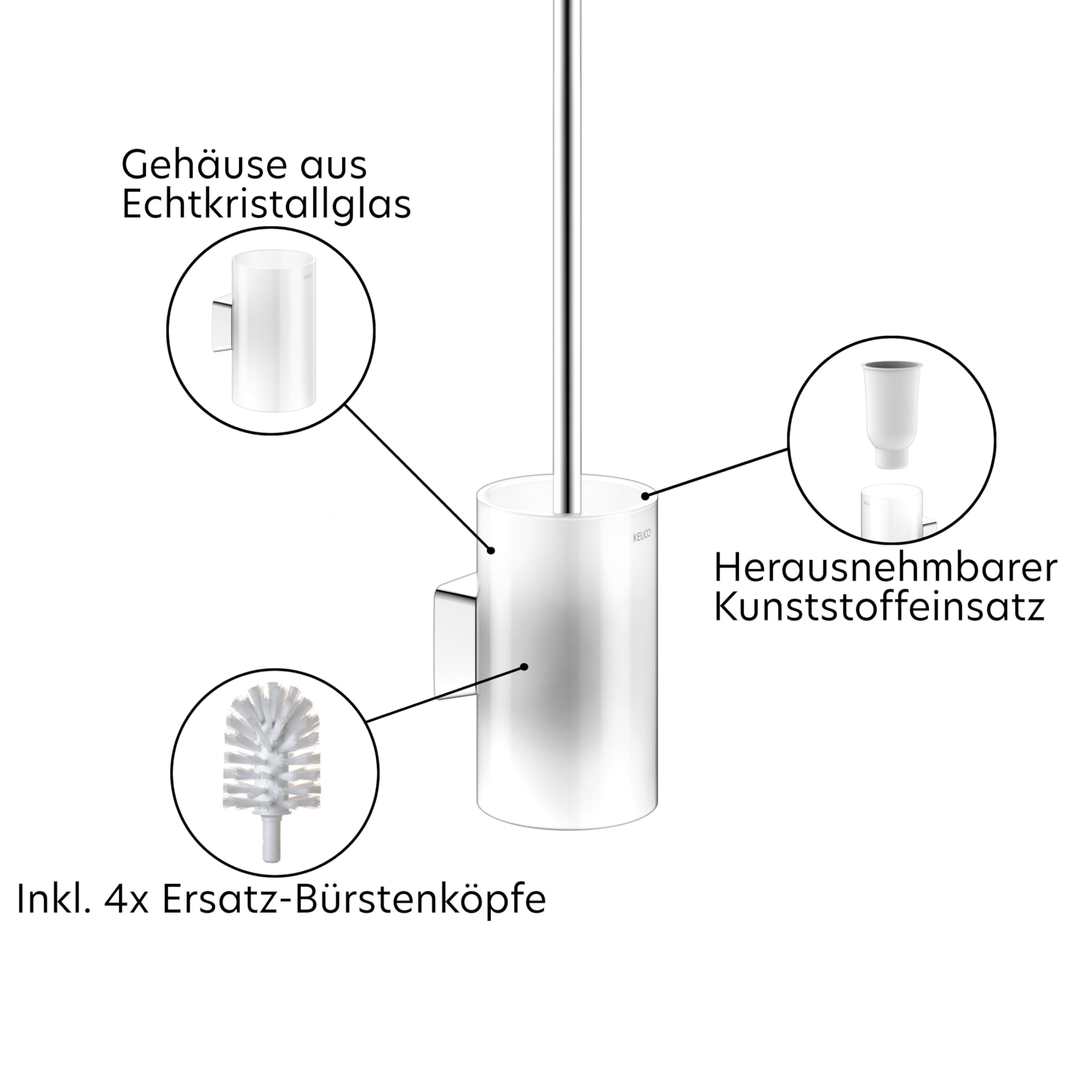 KEUCO Rose Set aus WC-Bürstengarnitur & 4 Bürstenköpfen, ohne Bohren, Chrom | Bürstengarnitur mit Glasgehäuse und Bürste, Ersatzköpfe weiß, inkl. Klebeset und Schraubset, Bürstenhalter mit Klobürste