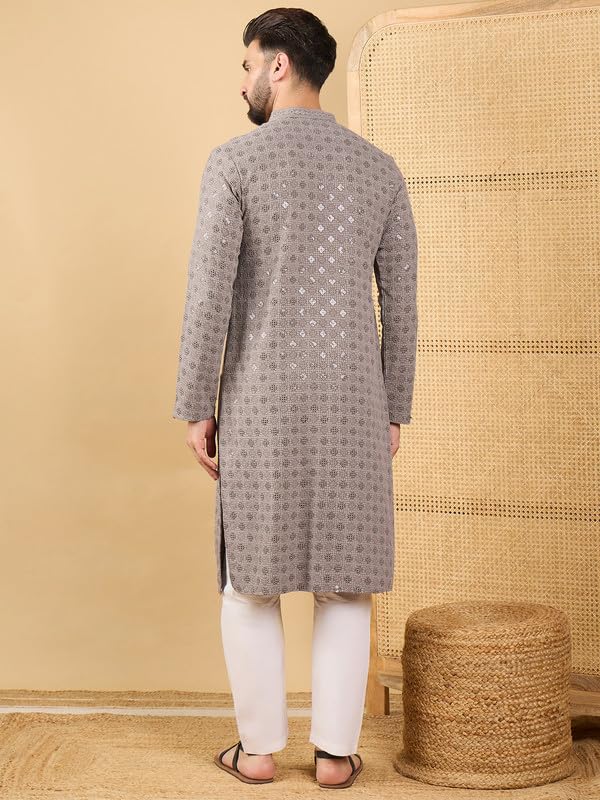 Image of Men's Solid Embroidered Long Straight Kurta | Men's Kurta | Embroidered Chikankari Kurta for Men | Straight Fit Kurta for Men