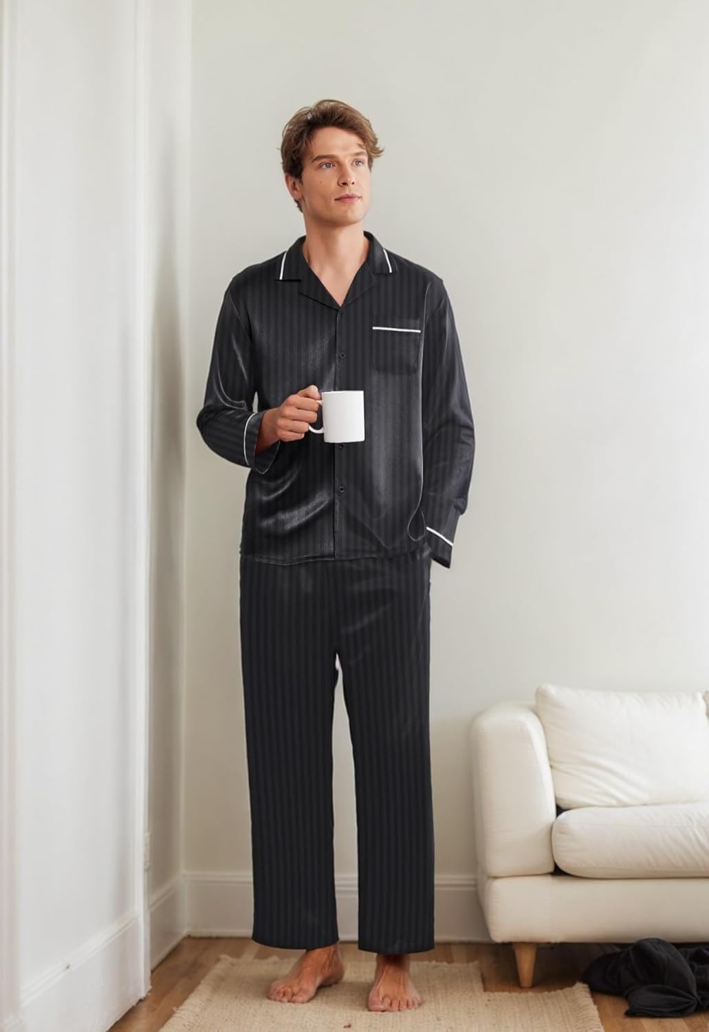 Ekouaer Mens Pajamas Set Silk Satin Pajama Set 2 piece Loungewear Long Sleeve Sleepwear Button-Down Pj with Long Pants S-XXL - Image 4