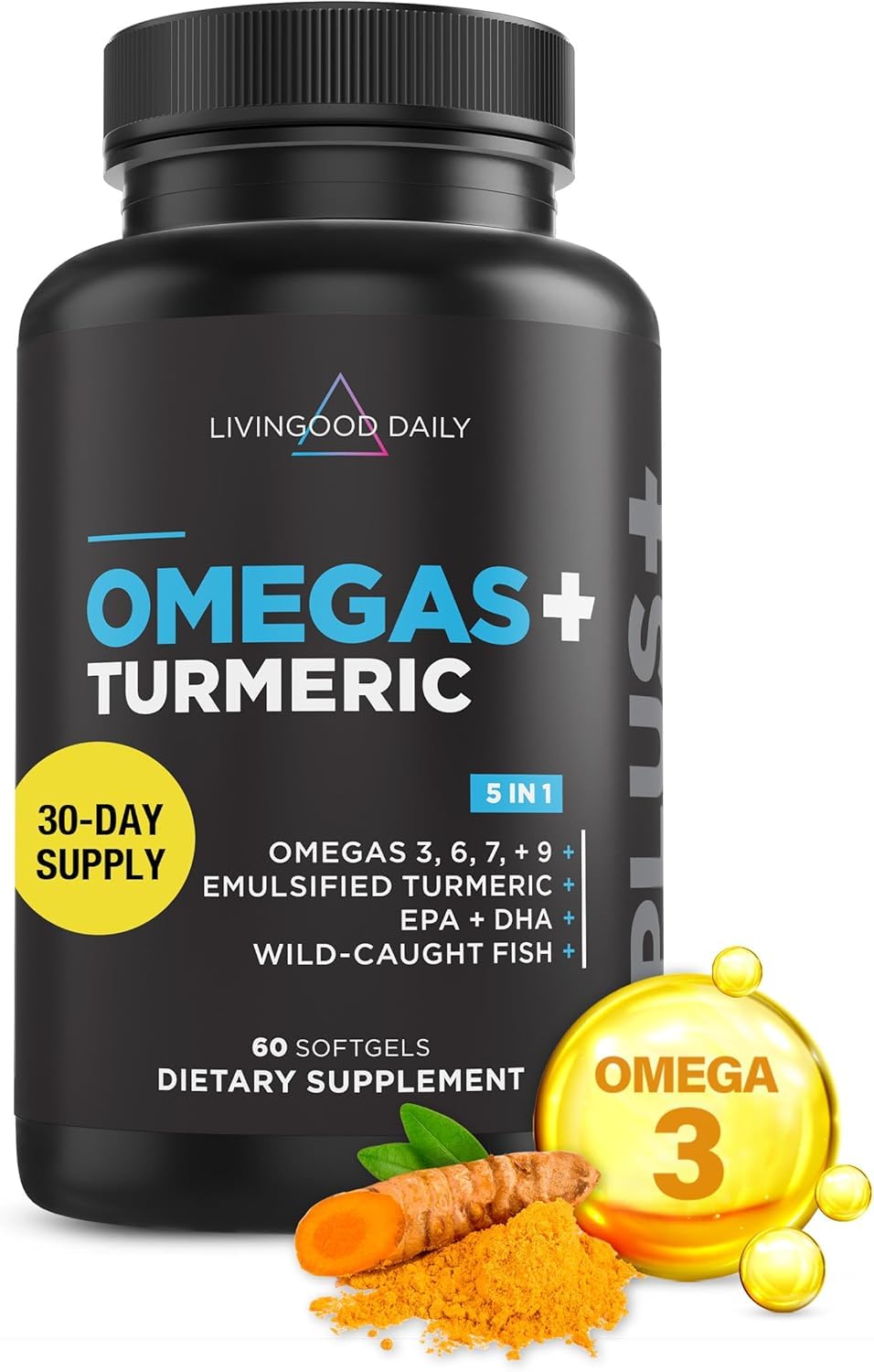 Livingood Daily Omega 3 6 9 Plus Turmeric Curcumin - Omega 3 Supplement (EPA & DHA) - Supports Heart Health - Supplements - 60 Softgels