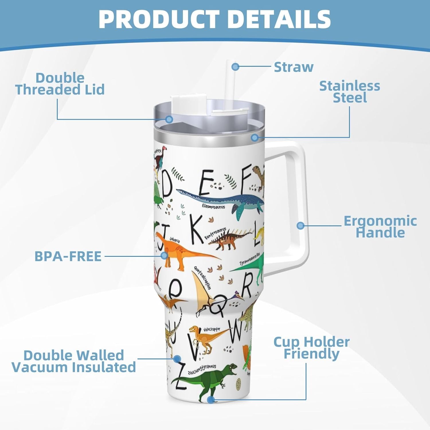 40 OZ Stylish Learning Alphabets with Dinosaurs Print Ice Bully Cup with Handle Straw Lid Straw,Stainless Steel Tumbler Coffee Cup