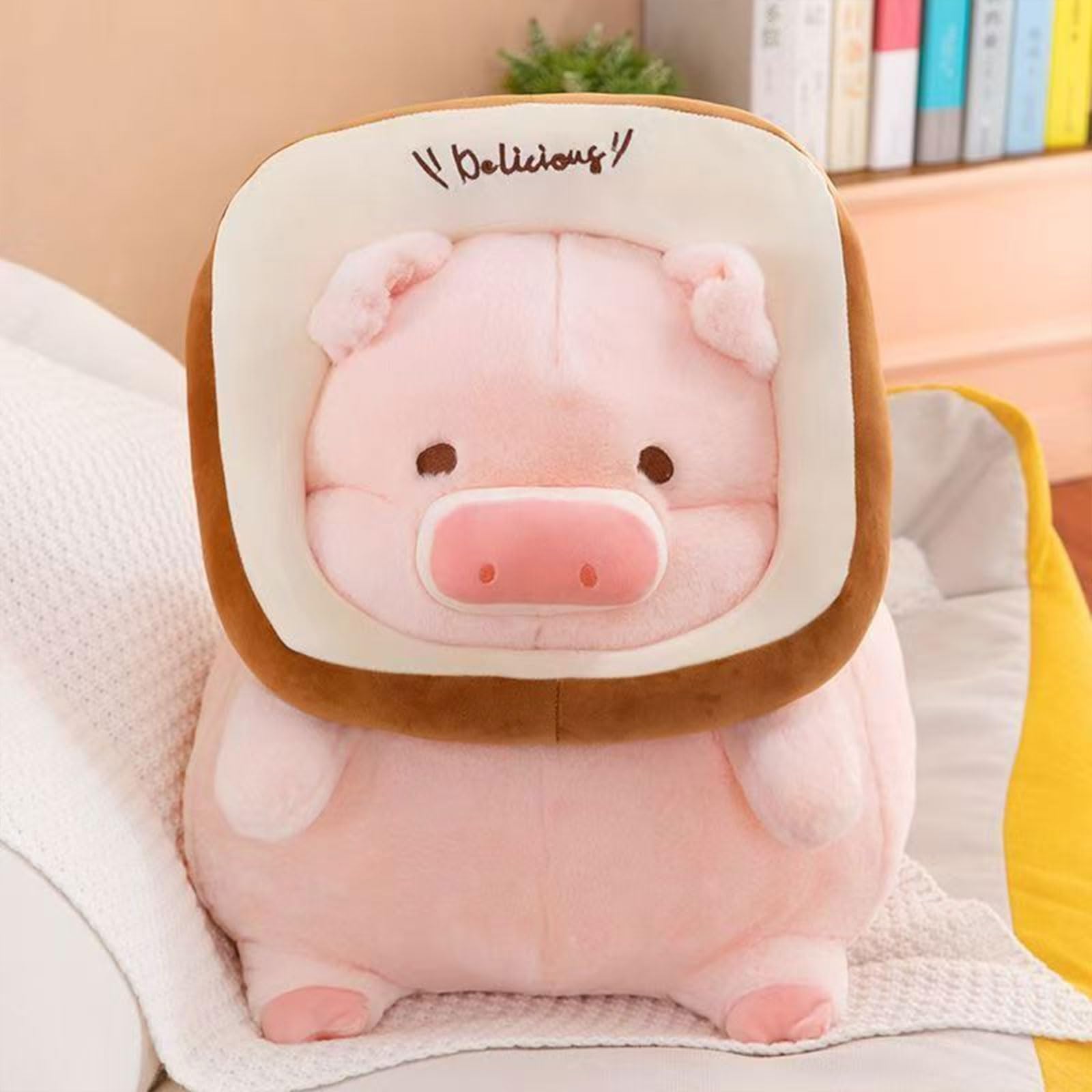 Rundes Toast Schwein Plüschtier, 30/35/45cm rosa Schwein Kuscheltier mit abnehmbarem Brotkranz und Delicious Stickerei, lustiges Ferkel Stofftier für Kinder, als Dekokissen und Geschenk (45 cm)