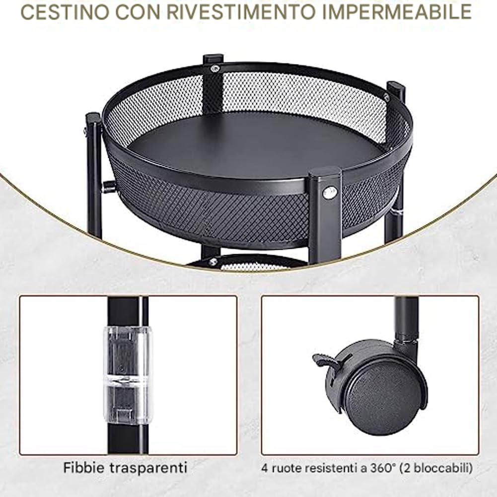 BAKAJI Carrello Pieghevole Salvaspazio Tondo a 3 Ripiani in Metallo, Carrellino Richiudibile Ergonomico Rotondo, Organizer 88 x 35 cm Ideale per Bagno, Cucina, Ufficio con 4 Ruote (Nero)