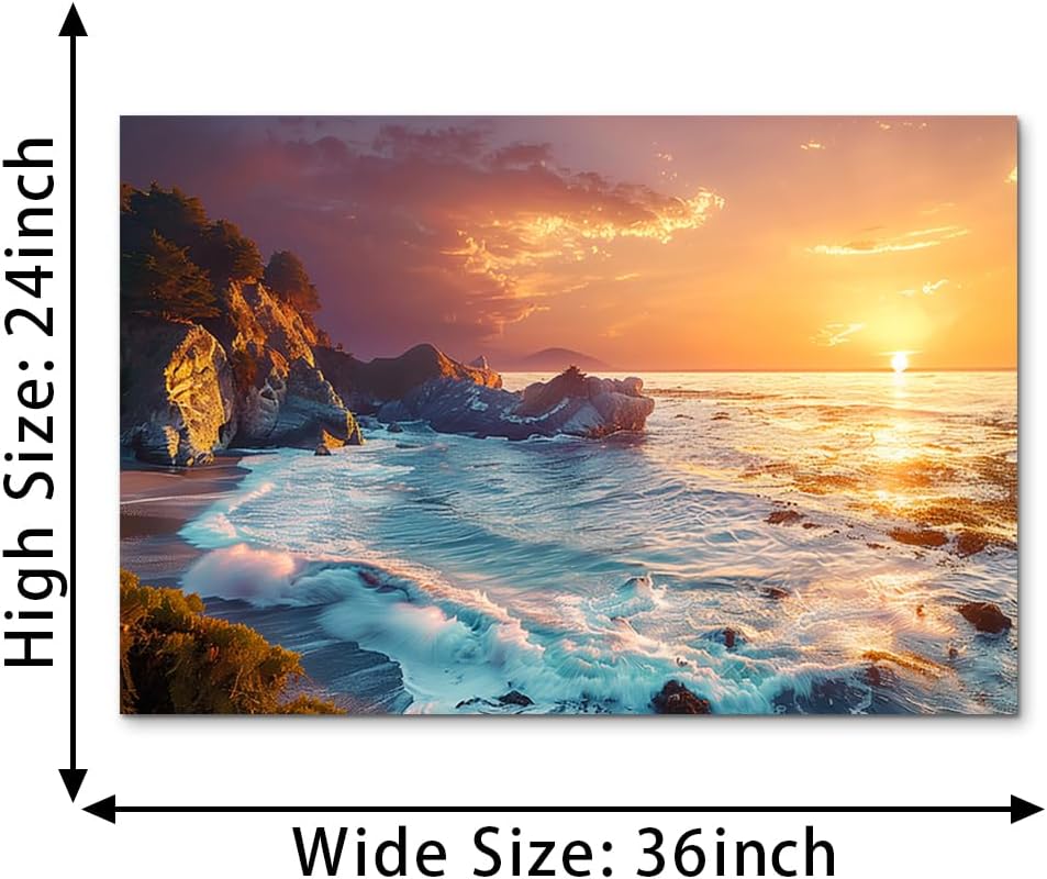 Sunset Sea Wall Art Nature Scenery Painting Canvas Paintings Seascape Poster Beach Pictures Wall Decor for Living Room Bedroom Office Decoration 24x36inch