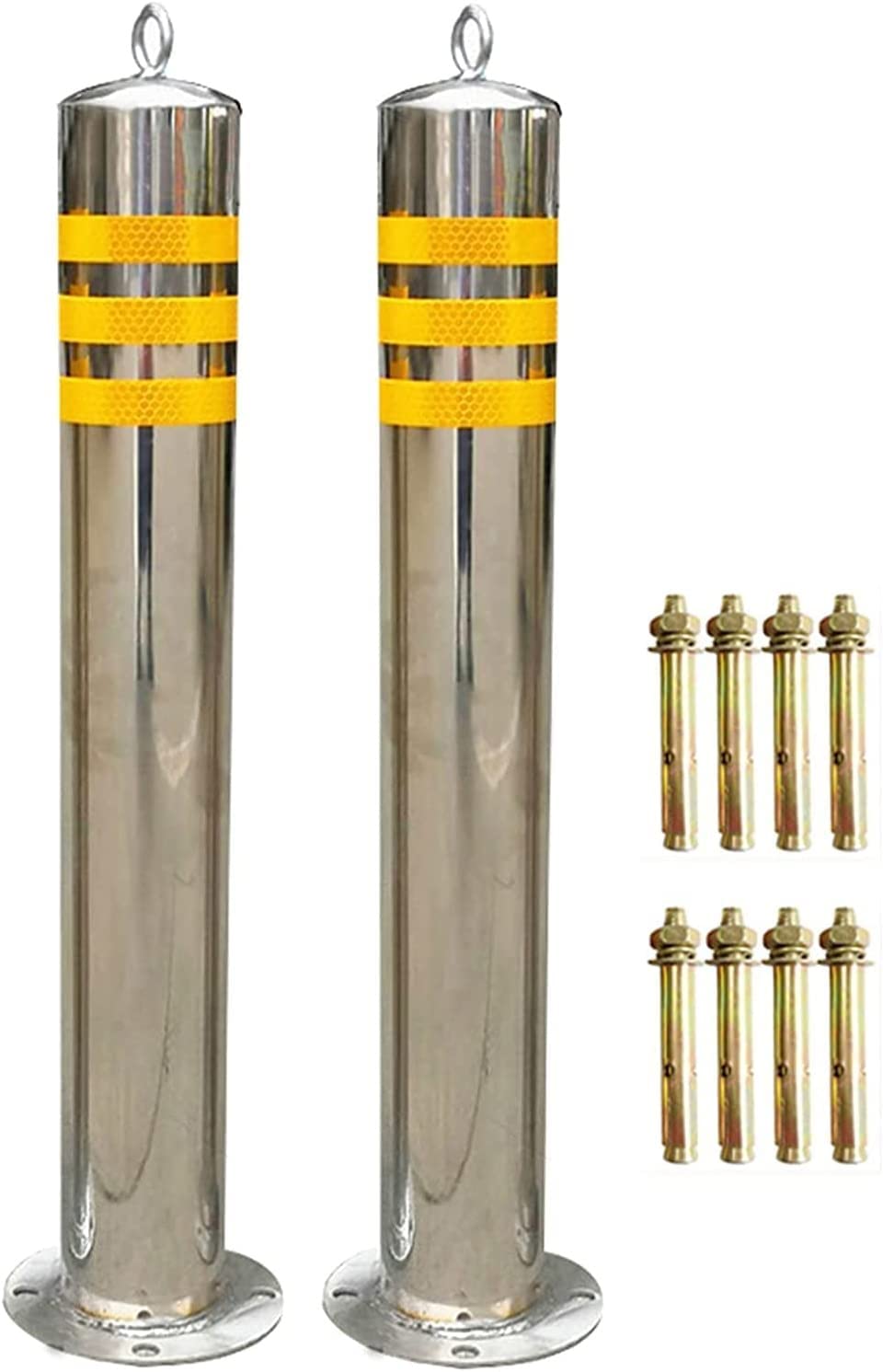 Aioneer 2-Pack Stainless Steel Parking Bollards With Reflective Strips - 3"/3.5" Driveway Barriers For Enhanced Garage & Parking Lot Safety, Durable Silver Finish, 650X76Mm-Silver-650x89mm/25.5x3.5in