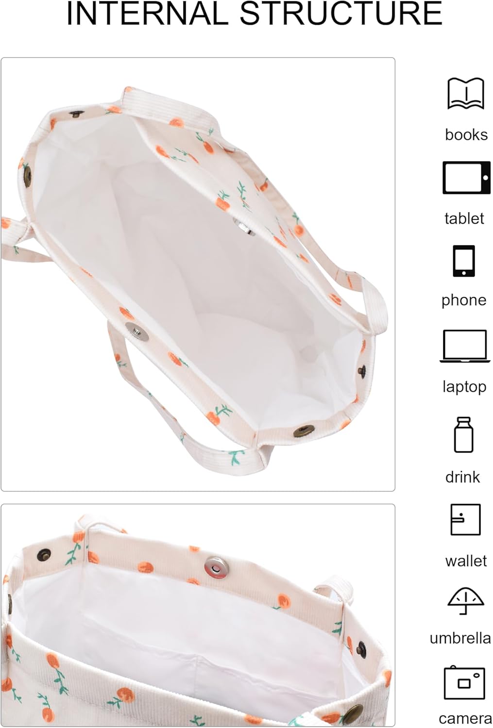 TeeYee Corduroy Tote Bag Casual Handbags Crossbady Bag Large Capacity Shopping Shoulder Bags Work Purses Travel Satchel | Shopper bag, Snap fastener, Multipocket, Multi-pattern design - Image 6