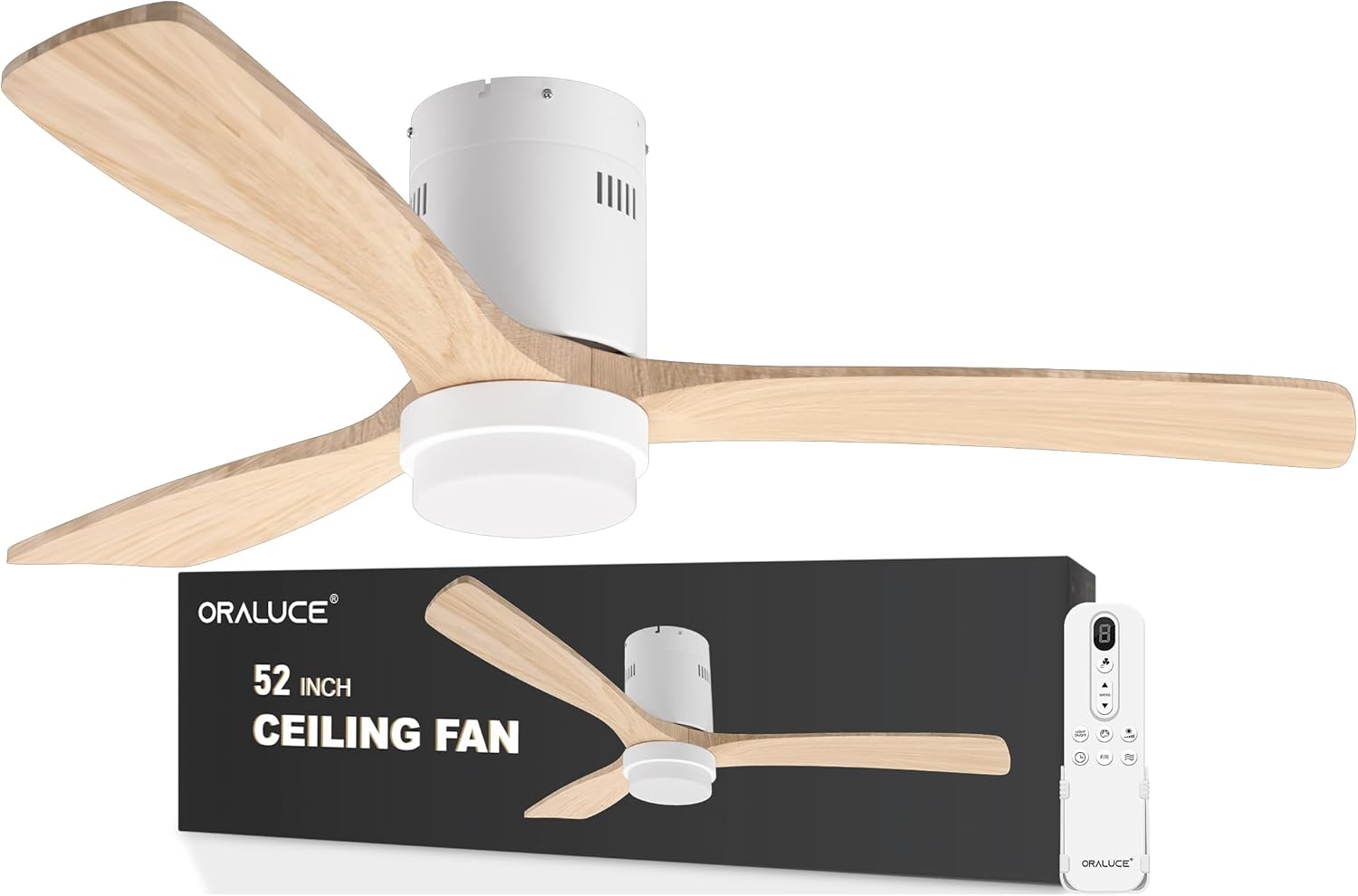 ORALUCE 52 Inch Ceiling Fans with Lights and Remote Control, Indoor Outdoor Modern Wood Ceiling Fan with Reversible Quiet DC Motor, 6 Speed, 3 LED Colors, for Bedroom Living Room Patio Balcony, White