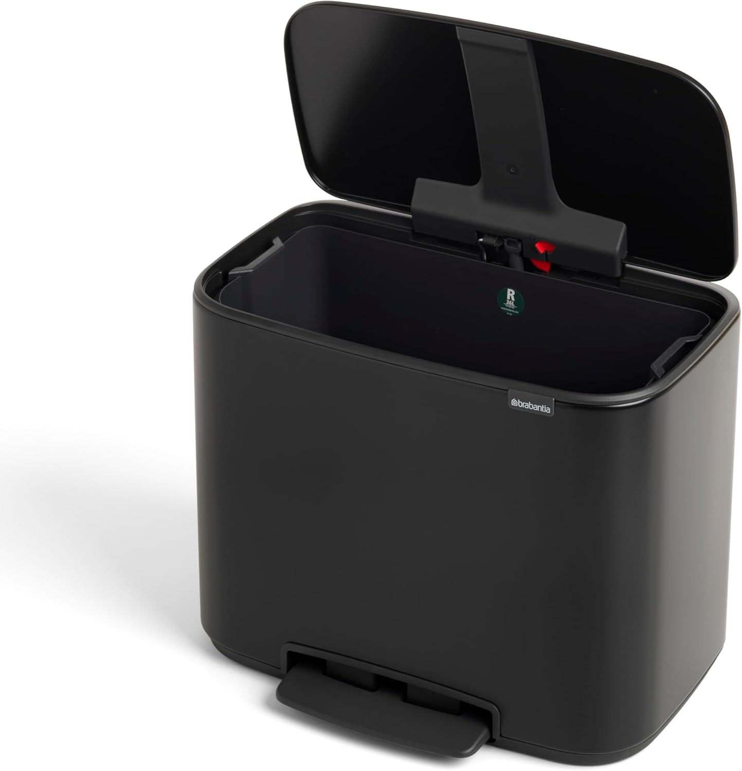 Brabantia Bo Step-On Kitchen Trash Can with Single Compartment | Matt Black | 9.5 Gal Inner Bucket | Soft-Close Garbage Can, Light Pedal Operation, Stay-Open Lid | Fits Against Wall | + Trash Bags