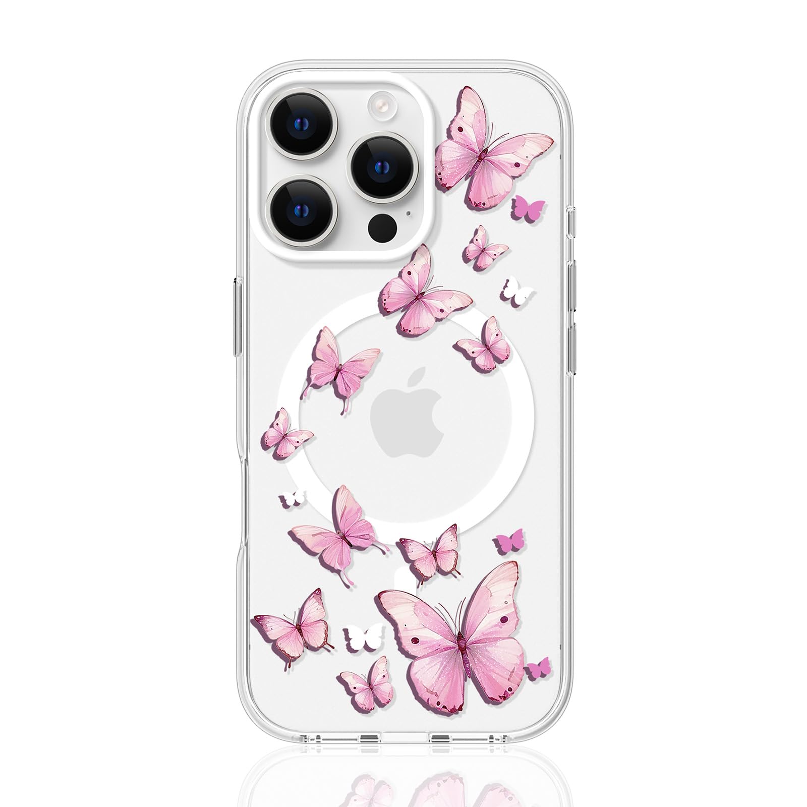 FEWGEY Clear Phone Case for iPhone 16 Pro Max Compatible with Magsafe, Cute Butterfly Girly Aesthetic Pink Designer Magnetic Shock Proof Heavy-Duty