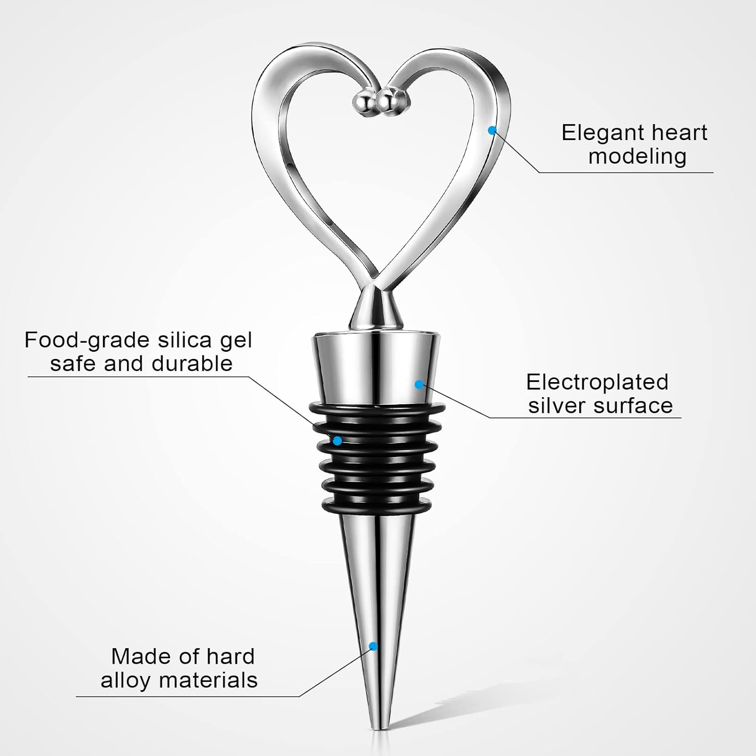 Ferraycle 30 Pcs Heart Wine Stoppers Wedding Bridal Shower Favor for Guests Silver Heart Wine Bottle Openers Champagne Stopper Wine Saver Metal Wine Cork Holder Plugs with Box for Wedding(Classic)