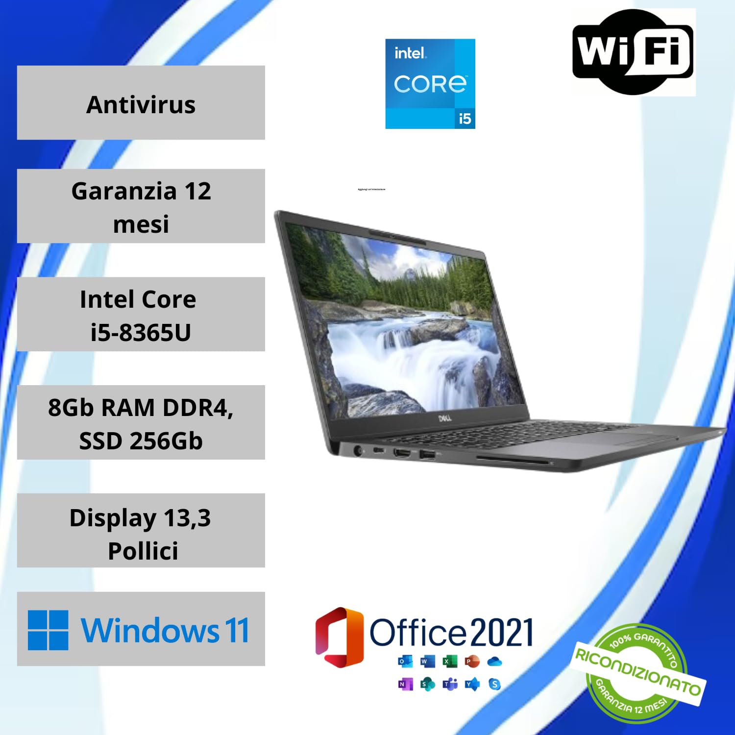 DELL Latitude, Notebook Pc Computer Portatile, Intel Core i5-8350U, Ram 8Gb SSD 256Gb, Schermo 13.3" Full HD, Webcam, HDMI Windows 11 + Office 2021 (Ricondizionato)