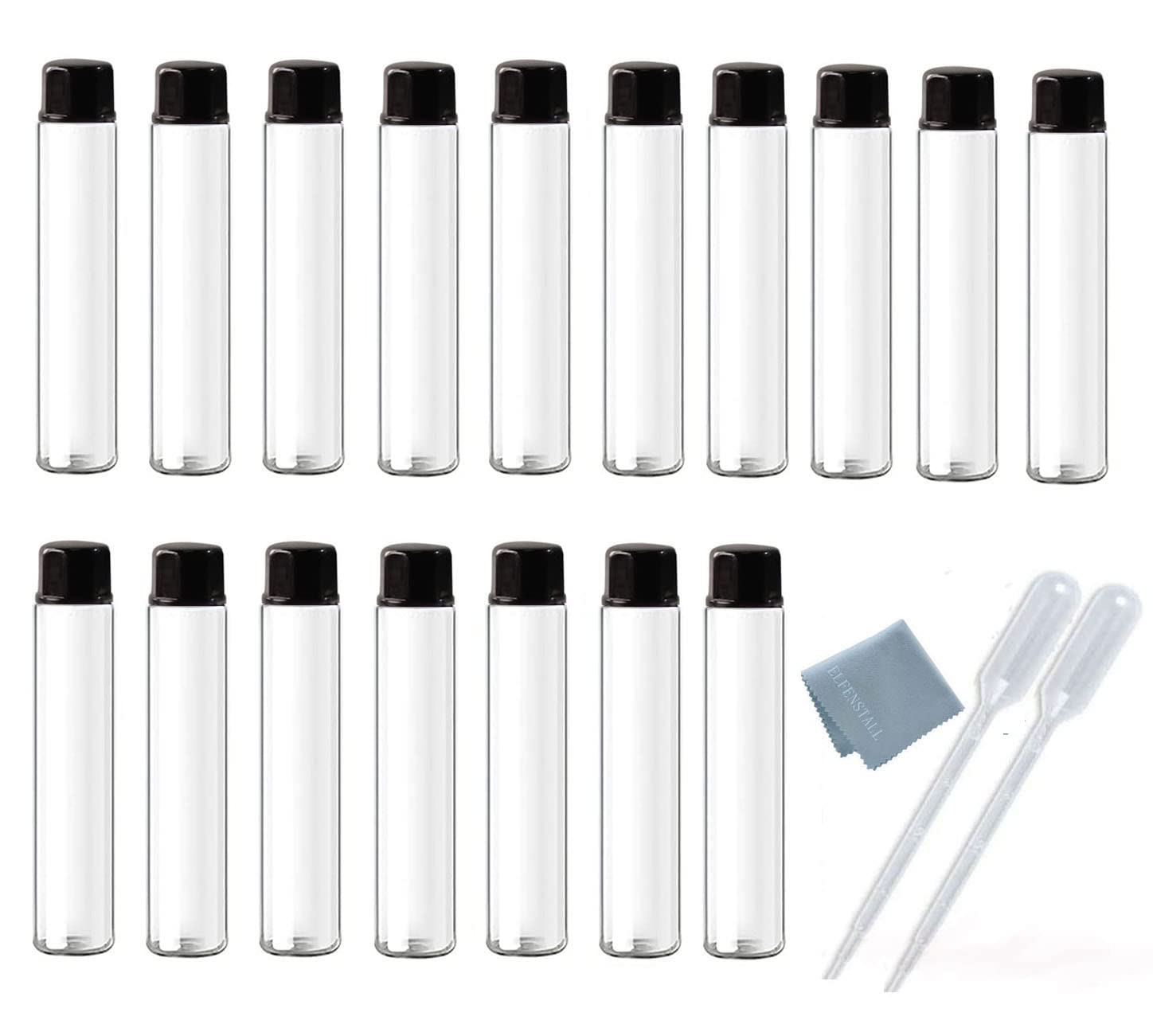 Elfensatll- 20PCS 10ml 0.3Oz Liquid Sampling Sample Clear Glass Bottles Vials with Orifice Reducer Black Caps For Essential Oils Aromatherapy Perfume Liquid Mixed