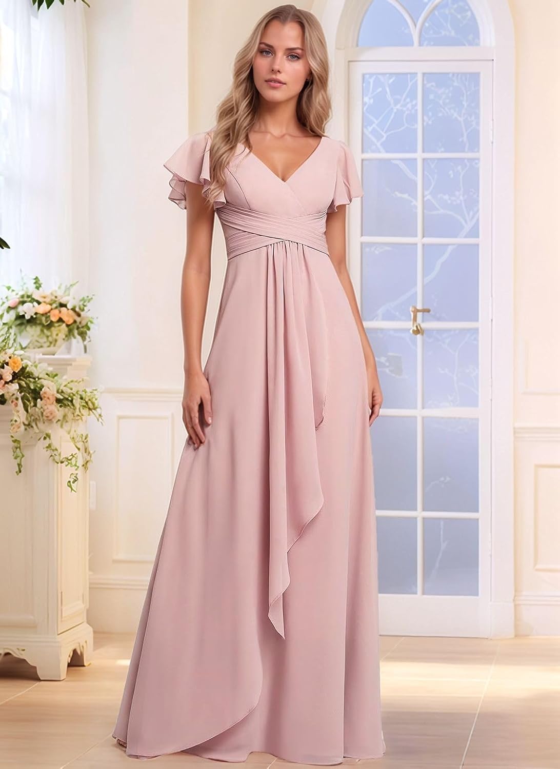 Long Bridesmaid Dresses V-Neck Formal Dresses for Women Chiffon Ruffle Sleeve Evening Party Dresses