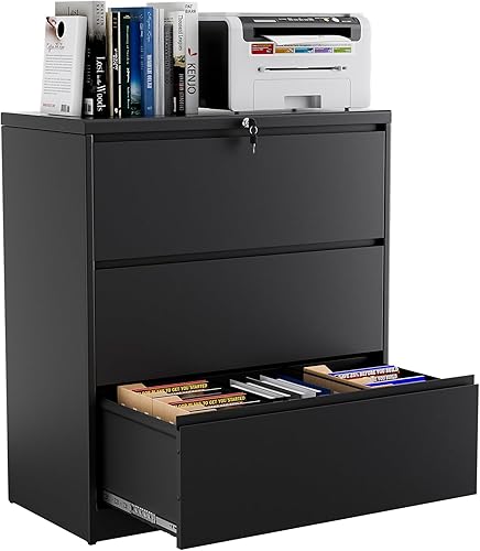 OUYESSIR Archivador de 3 cajones con cerradura archivadores para oficina en casa archivador lateral en metal de acero cajones de almacenamiento de