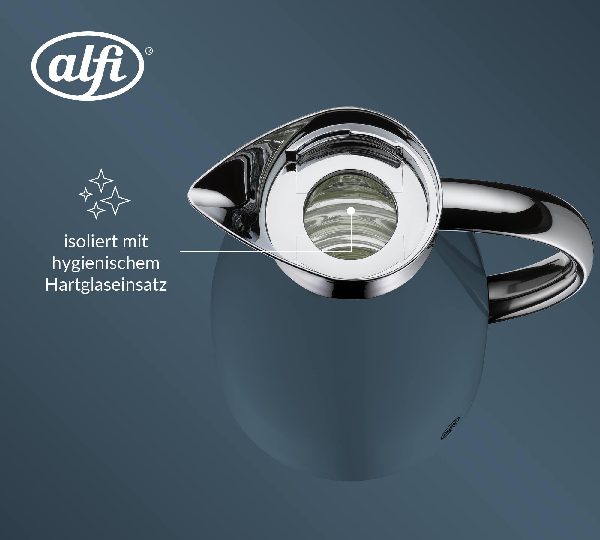 alfi SIGNO Isolierkanne 1,00 l, 12 h heiß, Edelstahlkörper, river blue | 24h kalt, Kaffee & Teekanne, Einhandbedienung, Hartglaseinsatz, Drehverschluss mit Drucktaste, blau glänzend