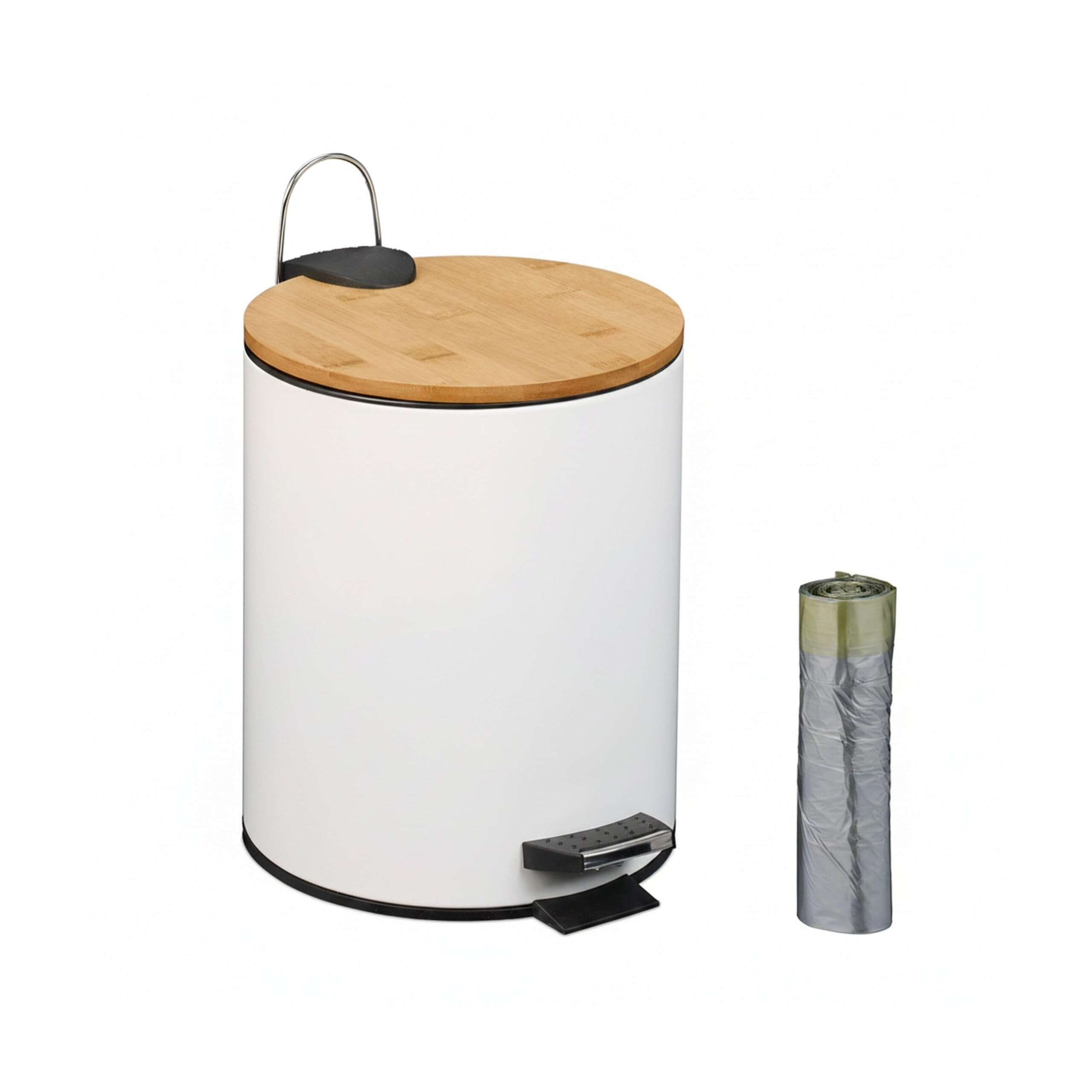 Relaxdays Pattumiera Bagno a Pedale 5 L, Cestino Interno Estraibile, Silenzioso, con Sacchetti, Ferro e bambù, Bianco