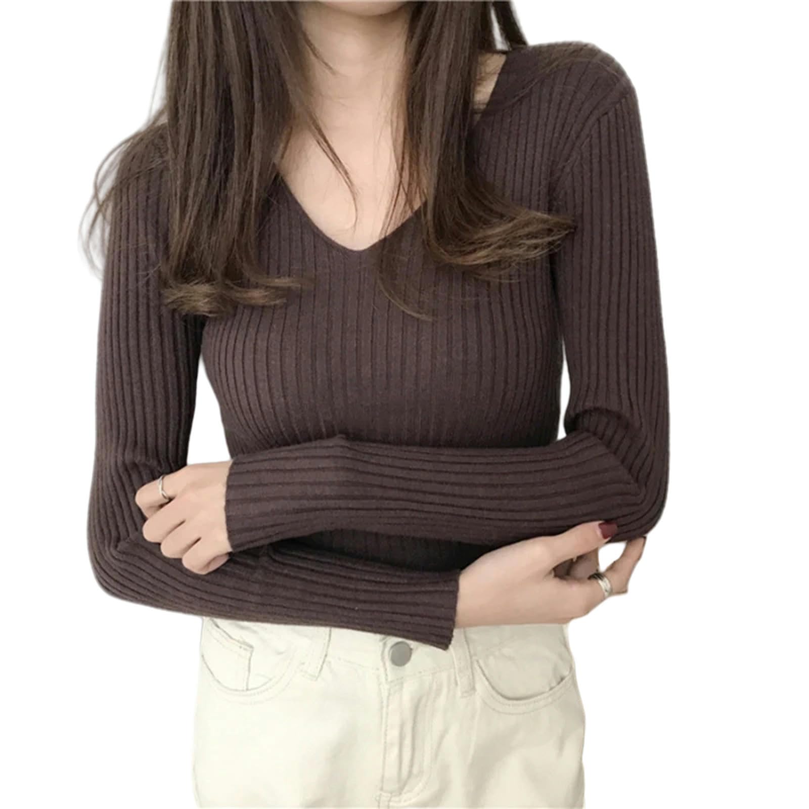 Ropa Mujer Suéter De Otoño V Cuello Suéter Tejido De Moda Delgada Cima De Invierno para Mujeres Jersey Jersey-Gris-Talla Única