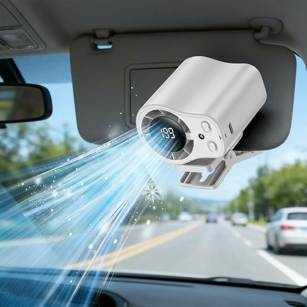 2026 Car Clip on Air Conditioner Fan with LED Display, 360° Rotation 199 Speeds Semi-Cooling USB Rechargeable Hands-Free Clip Fan for Cars Camping Work (white)
