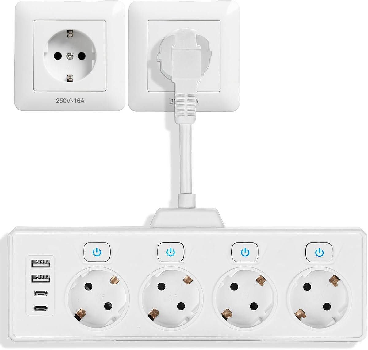 Steckdosenleiste mit USB, Mehrfachsteckdose mit 4 Schuko & 2 USB A & 2 USB C, 8 in 1 Steckdose mit Schalter, Steckdosenleiste 4-Fach für Büro Hause