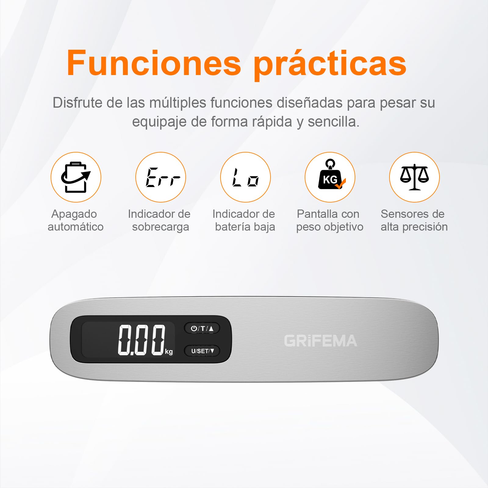 GRIFEMA GA2006 Báscula Maletas Viaje Portátil, Báscula de Equipaje con Pantalla LCD, 110 lb/50 kg, Plata
