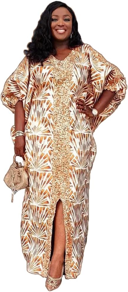 HD Womens Sequin African Bubu Dress Front Slit Plus Size Gown