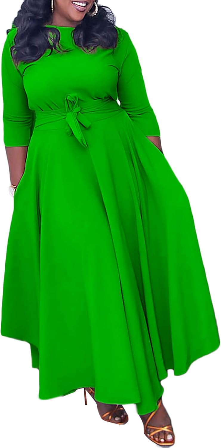 Plus Size Dress for Curvy Women Stretch Self Tie A-Line Maxi Dress with Pockets Swing Long Outfit