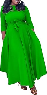 Plus Size Dress for Curvy Women Stretch Self Tie A-Line Maxi Dress with Pockets Swing Long Outfit - Buy now