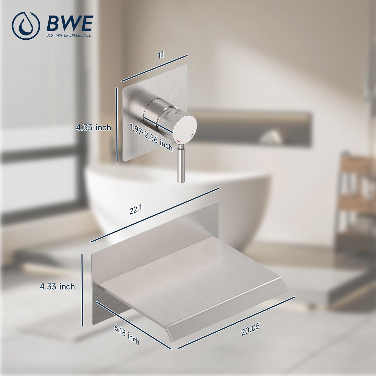 BWE Bathtub Faucet Brushed Nickel Waterfall Bathtub Faucet Wall Mounted Tub Spout Bathroom Tub Filler One Handle Shower Kit Rough-in Valve