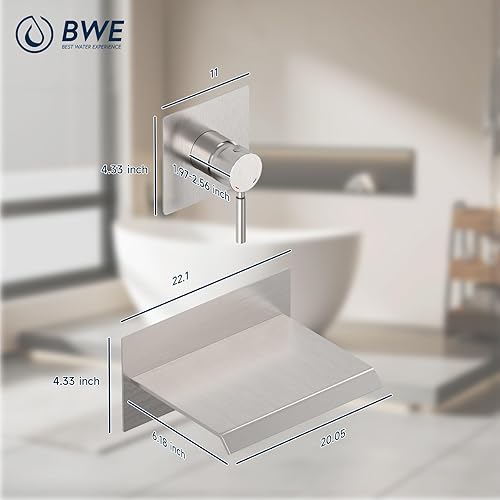 Miniatura 7 de BWE Grifo de bañera de níquel cepillado cascada grifo de bañera montado en la pared boquilla de baño llenado de bañera de baño Kit de ducha con una