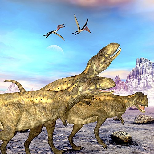 Posterazzi Abelisaurus theropod dinosaurs hunt for their next prey as three Zhejiangopterus reptile birds follow them Poster Print, (14 x 14)