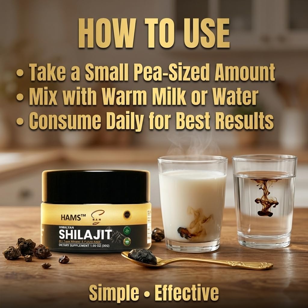 HAMS Pure Himalayan Shilajit Resin, Authentic Mumijo with 84+ Trace Minerals, High Potency with Elemental Gold and Fulvic Acid, Lab Tested, Vegan, 30g