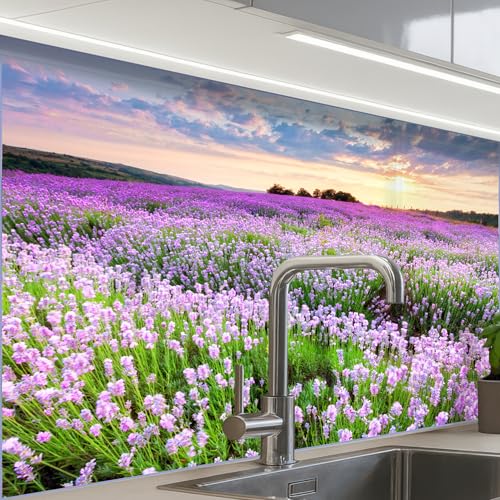 KitchenYeah© Antisalpicaduras Cocina 60x80 cm Adhesivo Salpicadero Protector Salpicaduras Fregadero Flores - Lavanda - Morado - Cielo - Atardecer - Pradera - Naturaleza