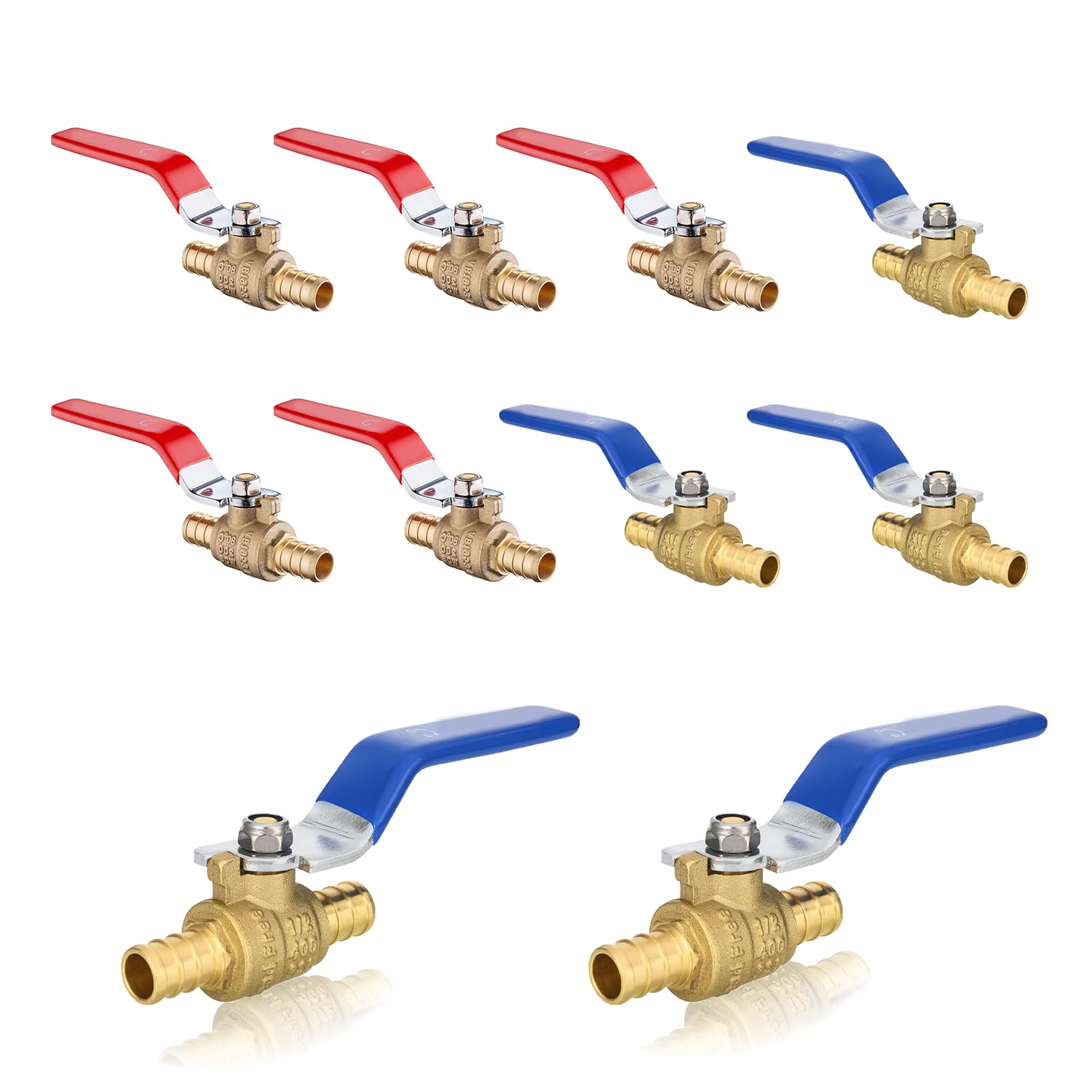 Valvola a sfera PEX da 1/2" x 1/2", in ottone, per collegamento a tubo Pex, ASTM F1807, rosso e blu, confezione da 10