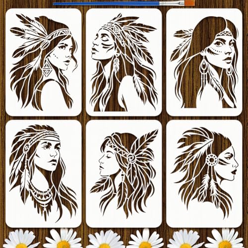FINGERINSPIRE 6Pcs Pochoirs Femme Indienne Avec Pinceau 21x29.7cm Pochoir Peinture Femme Tribale Pochoir Femmes Modèle de Dessin Thème Humain pour Peinture...