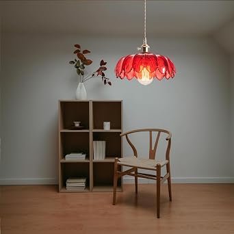 25cm Industrial Vintage Pendant Lighting Fixture Glass Lotus Lamp Shade Pendant Light Chandelier E27 Brass Finish Ceiling Hanging Lamp (Red) [Energy Class E]