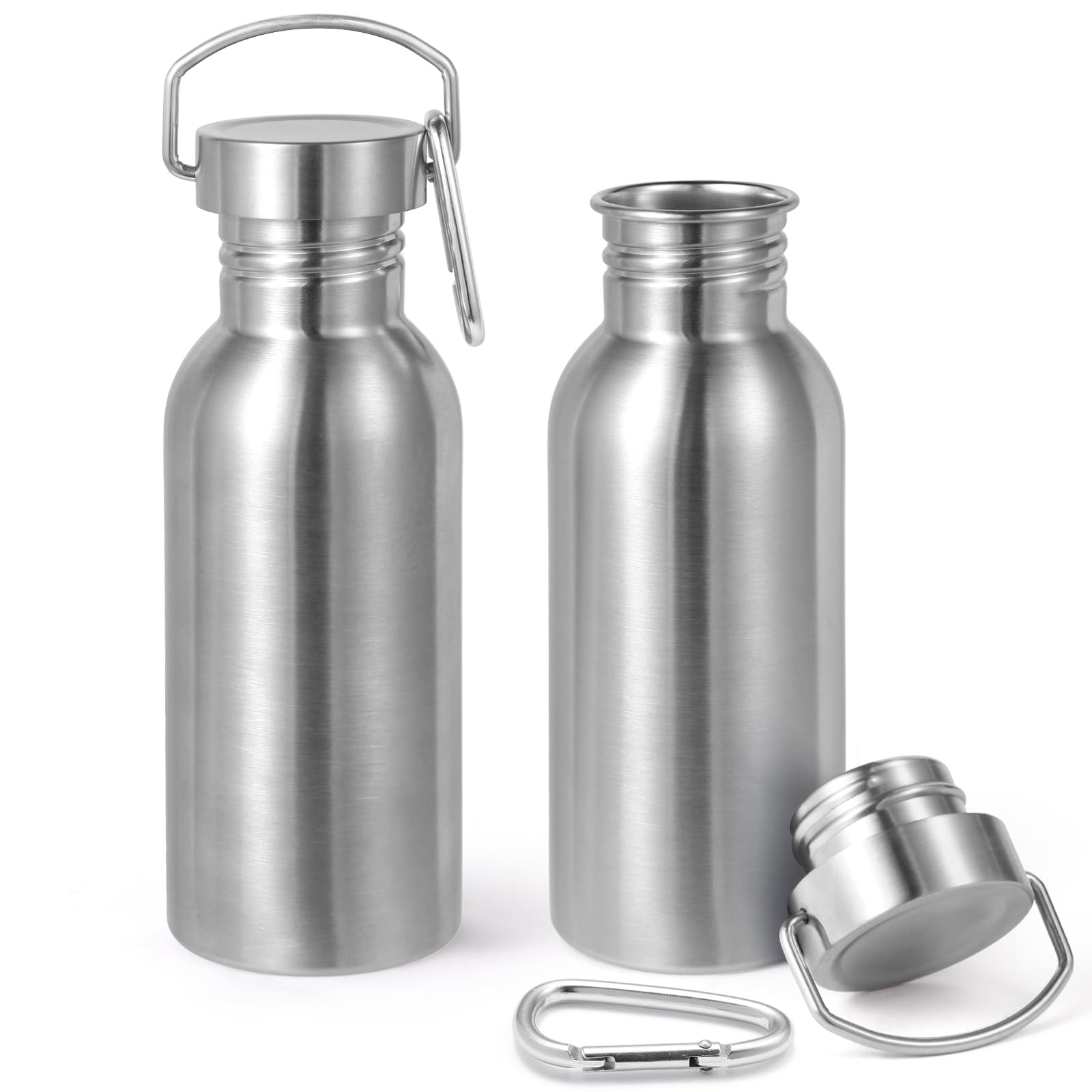 Volhoply 600ml Uninsulated Single Walled Water Bottles 2 Pack, Stainless Steel Reusable Water Bottle with Handle & Carabiner, BPA Free 18/8 304 Sports Water Bottles for Camping Hiking（Silver,2）