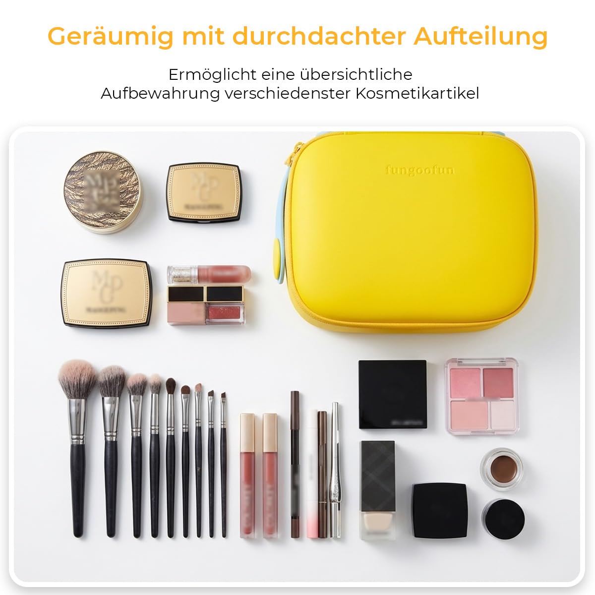Hardcase Make-up Tasche, wasserdichter Reise Kosmetik Organizer mit verstellbaren Trennfächern & Pinselhalter, tragbare Kosmetiktasche mit 360° drehbarem Griff, große Kapazität, süßer Beauty Case für