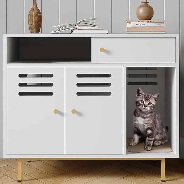 Mueble Ocultador De Arenero Moderno, Doble Ventilación Lateral Eficaz, Control De Olores, 2 Cajones