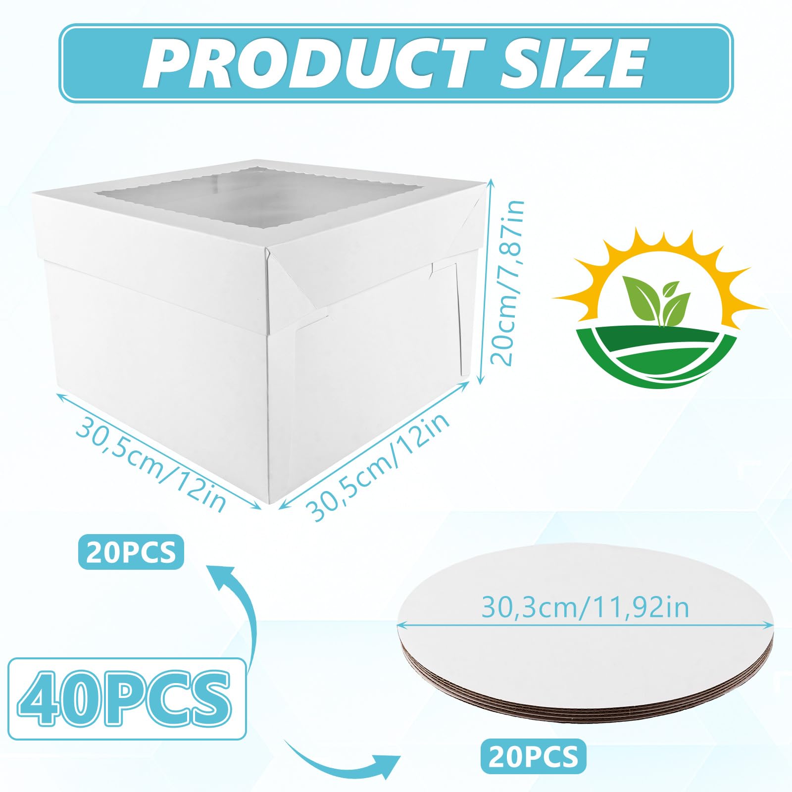 APACALI 40 scatole per torte 30 x 30 x 20 cm, in cartone bianco, per il trasporto di torte con finestra a vista, per torte, dolci