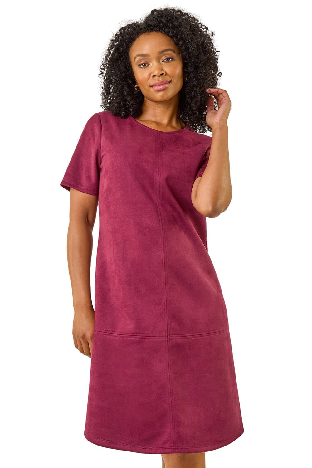 Roman Petite Faux Suede Shift Dress for Women UK - Ladies Everyday Autumn Winter Round Neckline Comfy Soft Evening Vacation Work Party Night Out - Petite Wine - Size 14