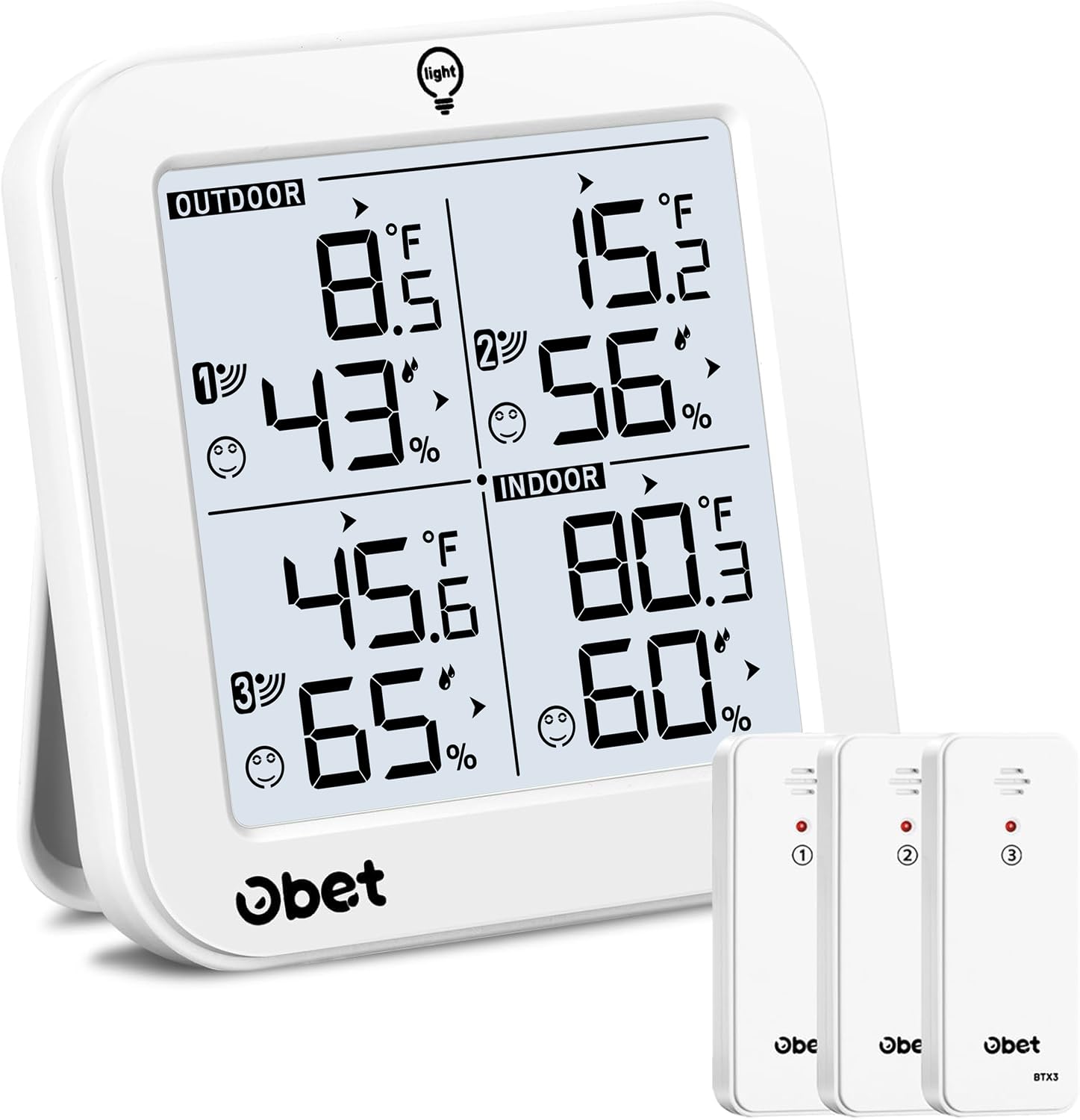 OBET Indoor Outdoor Thermometer Wireless Weather Station with 3 Sensors, Digital Hygrometer Remote Thermometer, Thermometer Temperature Humidity Monitor with Adjustable Backlight, USB Port (500 Feet)