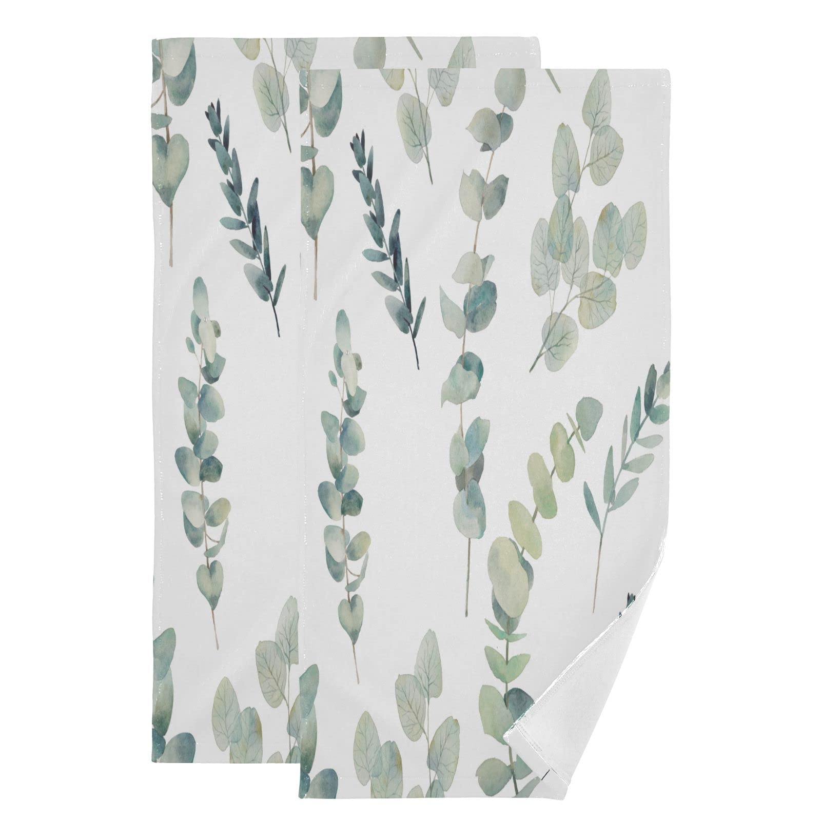 PATINISA Green Leaves Hand Towels for Bathroom Set of 2 Teal Eucalyptus Branches Bath Towel Soft Absorbent White Kitchen Dish Towels Decorative