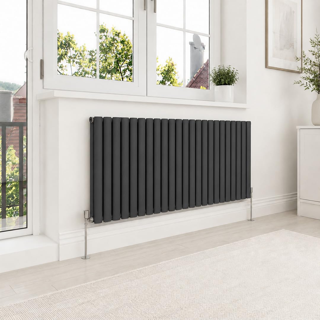 Built Right Oval Designer Radiator, Central Heating Radiator, Horizontal & Vertical Single or Double Panel Oval Tube Radiator, White or Anthracite, Multiple Sizes (Anthracite, 600 x 1380 - Double)