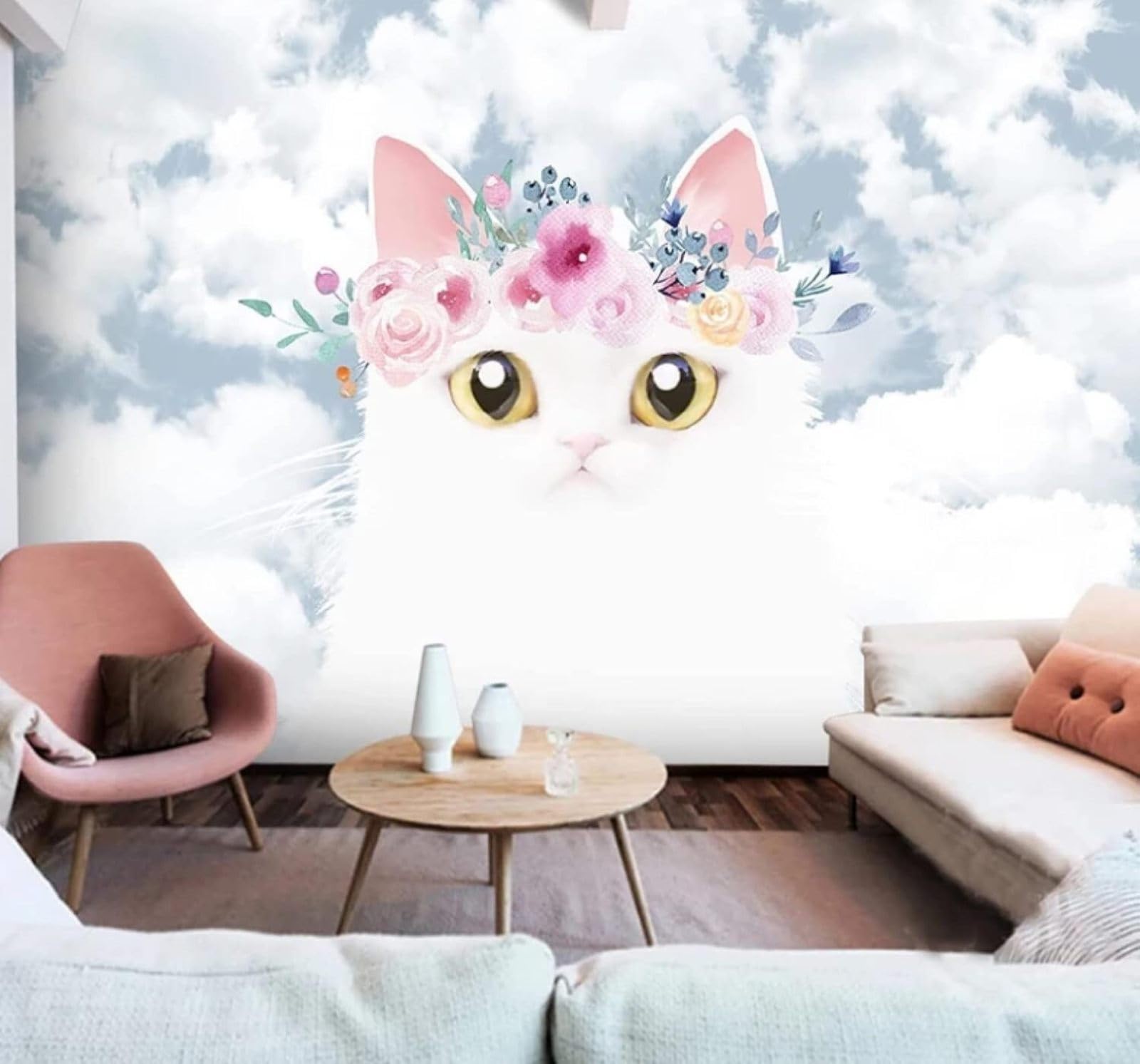 Wallpaper-3D-Xlm 400Cm×280Cm(B×H) Cartoon Cute Kitten Flowers Sky 3D Wallpaper Easy Install Feature Office Living Room Sofa Bedroom Tv Background Wall Decoration-400Cm×280Cm