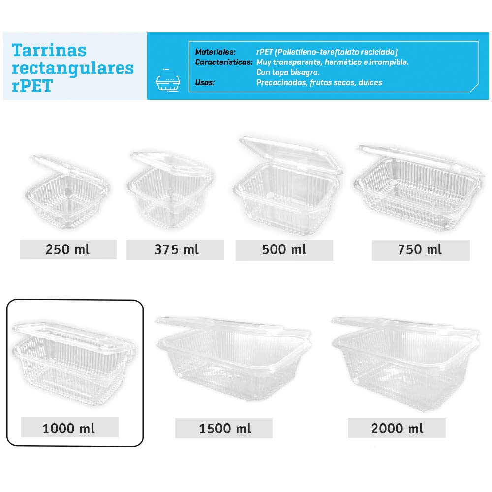 400 uds - Envase Recipiente para Comidas frías con Tapa bisagra Rectangular - Capacidad 1000 ml - Polietileno (Pet) Transparente