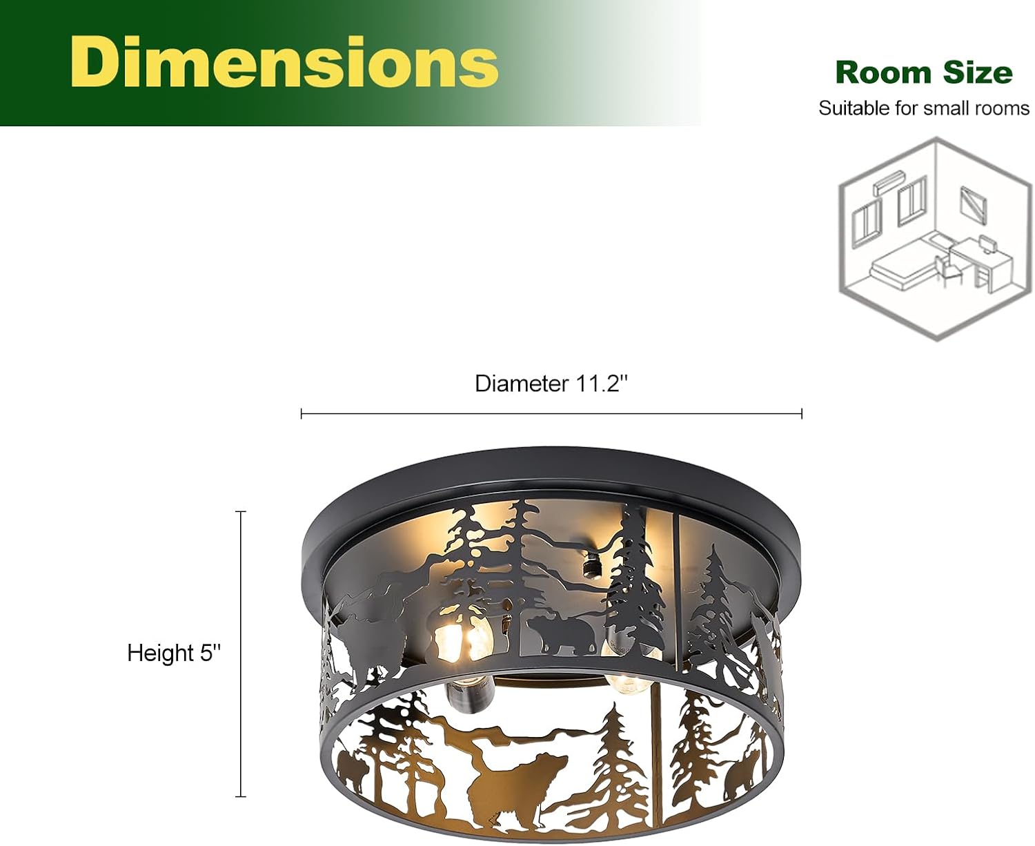 Farmhouse Rustic Bear Ceiling Light Fixtures, Vintage Industrial Cage Ceiling Lamp, 2-Light Black Flush Mount Ceiling Light for Bedroom, Balcony, Entryway, Hallway